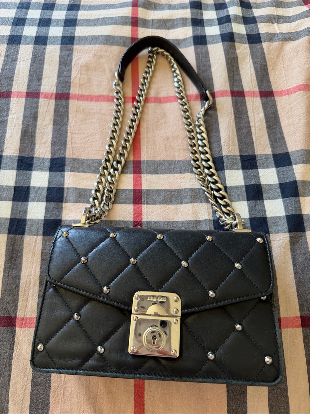 Miu Miu Black Quilted Shoulder Bag with Silver Chain & Studs